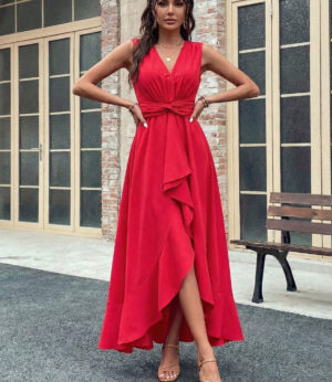 Vestido Rojo Asimétrico High Low para Mujer – Elegancia Sexy con Volantes y Cintura Ajustada